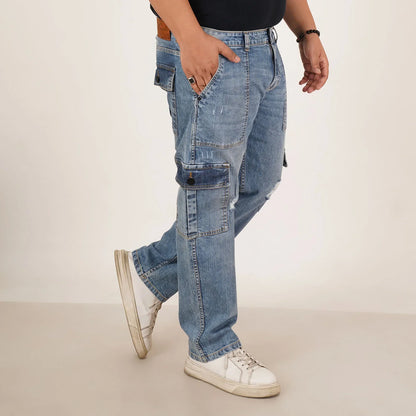 Kagad Mens Plus Size Straight Fit Light Blue Color Denim Cargo Jeans - Style Code "KGDCR-406050
