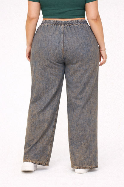 Womens high rise elasticated waist loose straight fit Jeans KGDJNS-404034