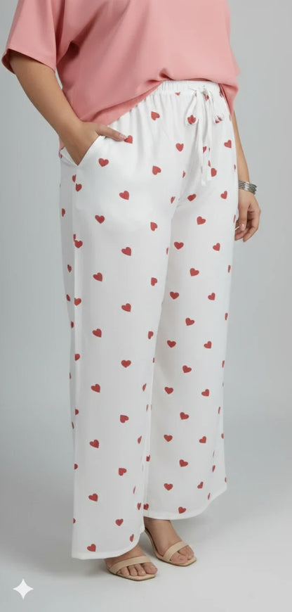 Women’s Rayon Printed Palazzo Pants – White Heart Design Wide Leg