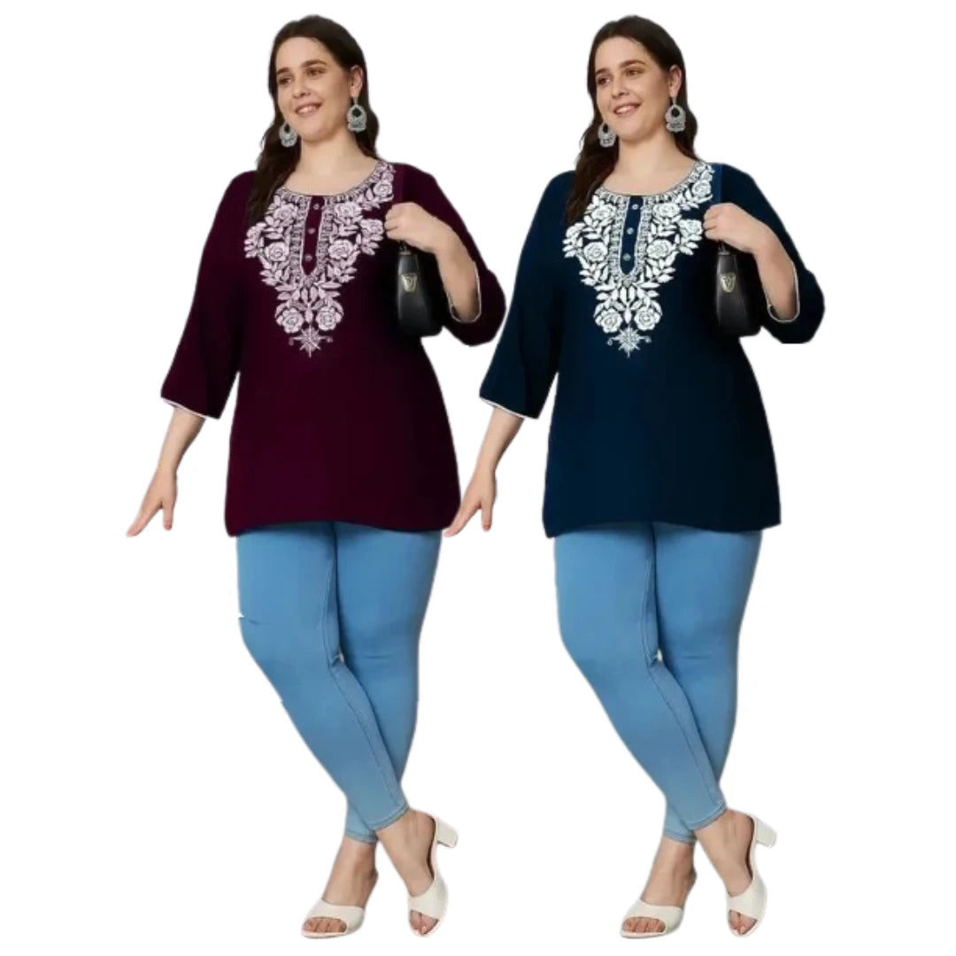 100 Zoo Women's Cotton Kurti with Intricate Embroidery Pack of Two