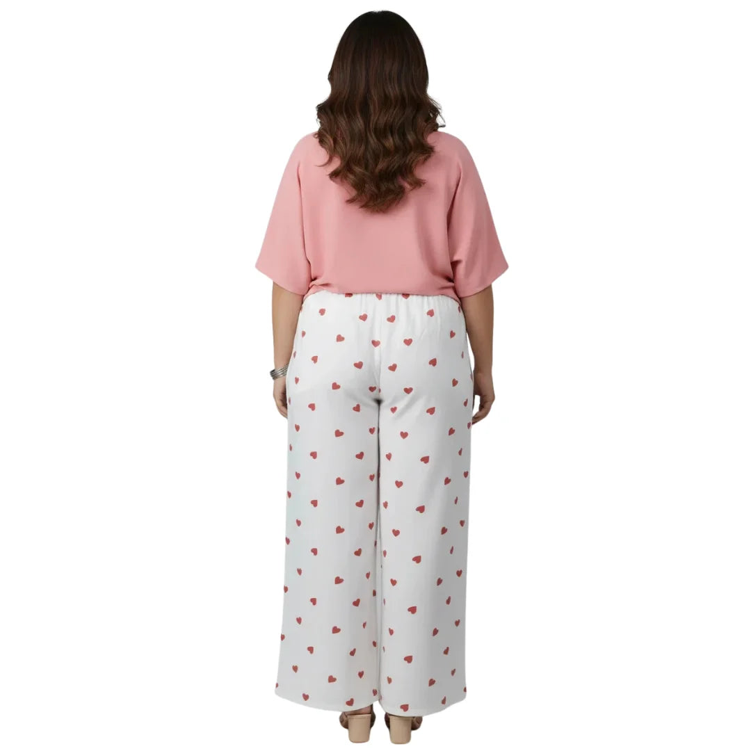 White Rayon Palazzo Pants with Heart Print & Side Pocket – Relaxed Fit