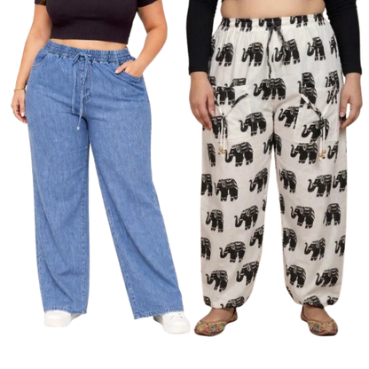Denim Wide-Leg Jeans & White Elephant Print Cotton Harem Pants Combo (Pack of 2)