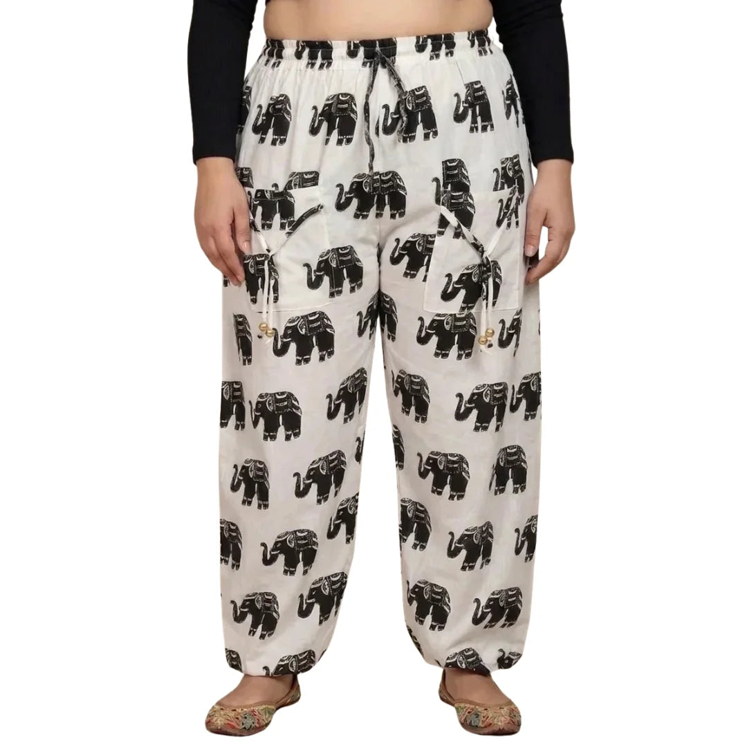 Denim Wide-Leg Jeans & White Elephant Print Cotton Harem Pants Combo (Pack of 2)