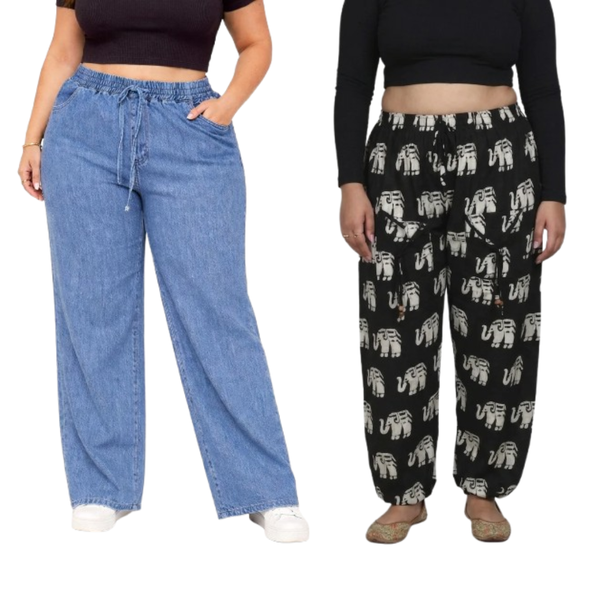 Denim Wide-Leg Jeans & Printed Cotton Harem Pants Combo (Pack of 2)