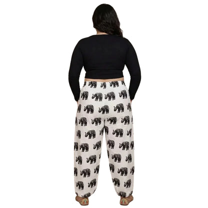 Denim Wide-Leg Jeans & White Elephant Print Cotton Harem Pants Combo (Pack of 2)