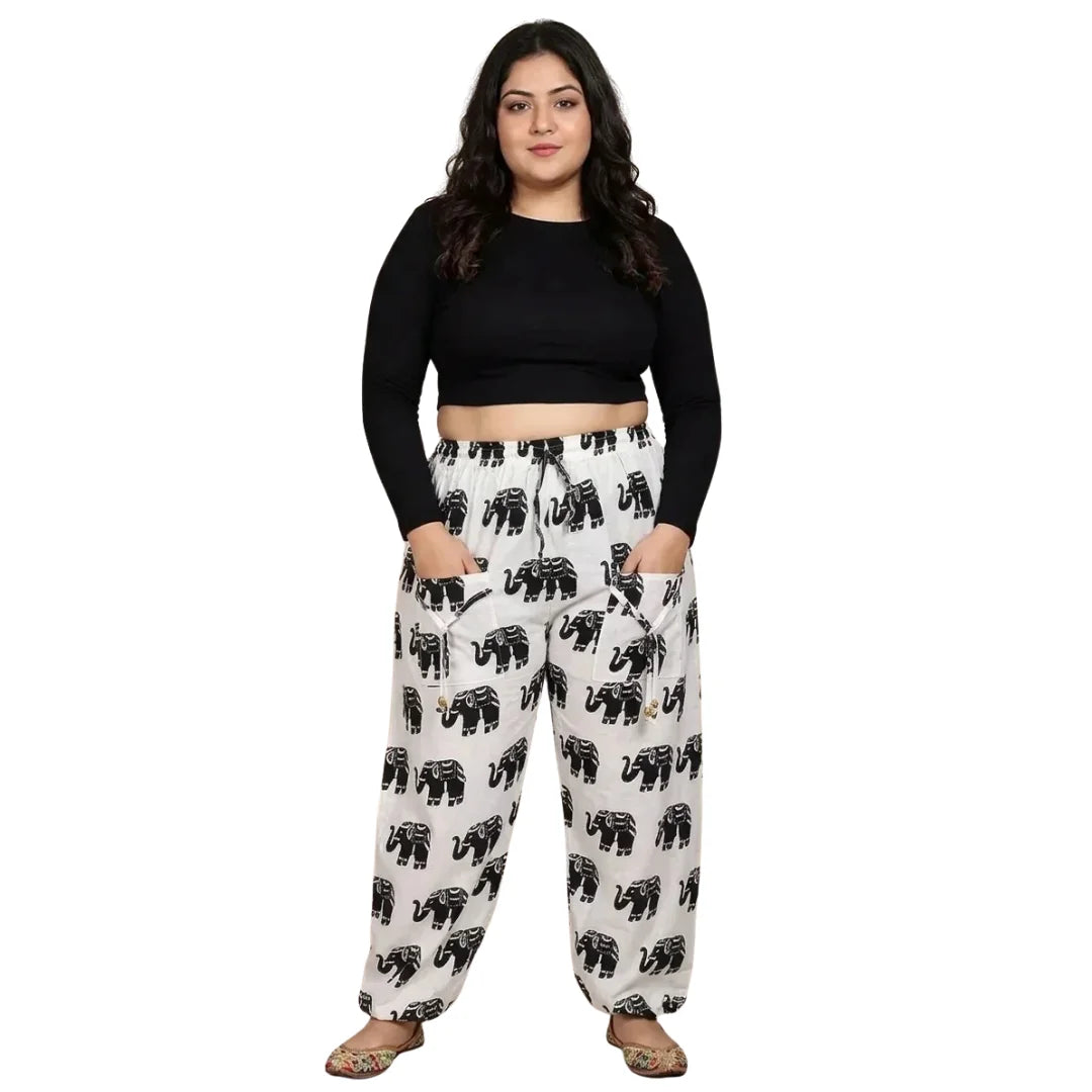 Denim Wide-Leg Jeans & White Elephant Print Cotton Harem Pants Combo (Pack of 2)