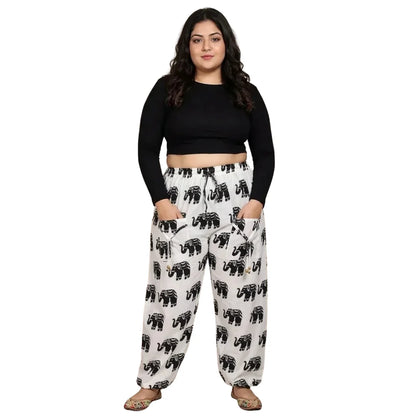 Denim Wide-Leg Jeans & White Elephant Print Cotton Harem Pants Combo (Pack of 2)
