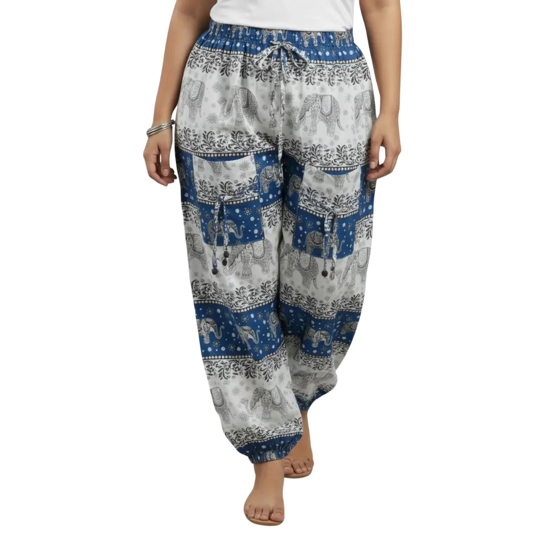 Blue & White Cotton Harem Pants with Elephant Print & Front Thigh Pockets – Relaxed Fit