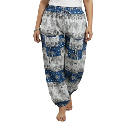 Blue & White Cotton Harem Pants with Elephant Print & Front Thigh Pockets – Relaxed Fit