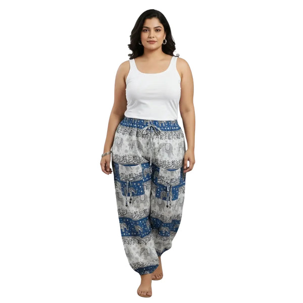 Blue & White Cotton Harem Pants with Elephant Print & Front Thigh Pockets – Relaxed Fit