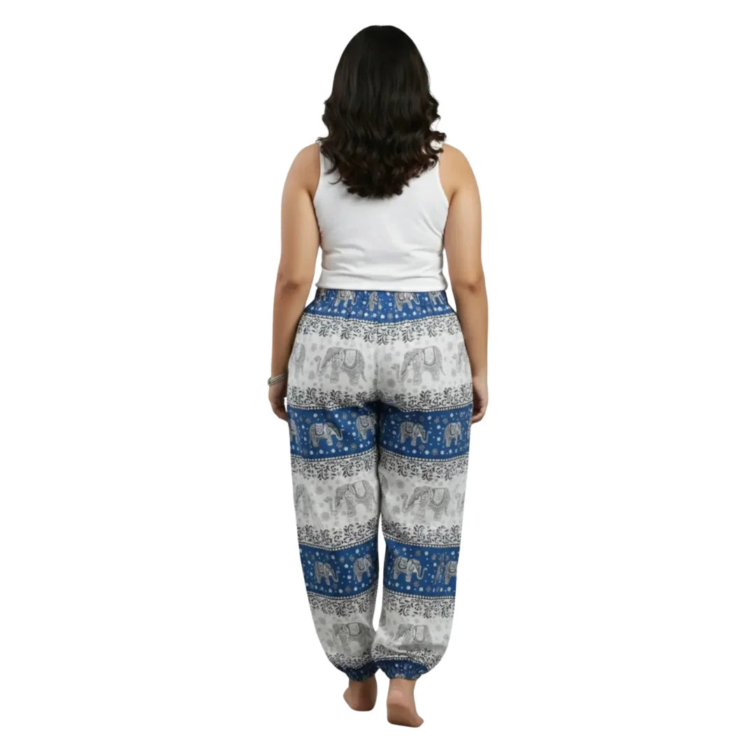 Blue & White Cotton Harem Pants with Elephant Print & Front Thigh Pockets – Relaxed Fit