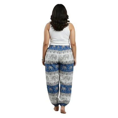 Blue & White Cotton Harem Pants with Elephant Print & Front Thigh Pockets – Relaxed Fit