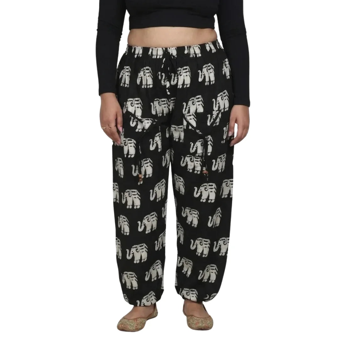 Black Cotton Harem Pants with Elephant Print & Front Thigh Pockets – Relaxed Fit