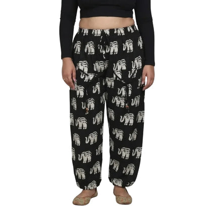 Black Cotton Harem Pants with Elephant Print & Front Thigh Pockets – Relaxed Fit