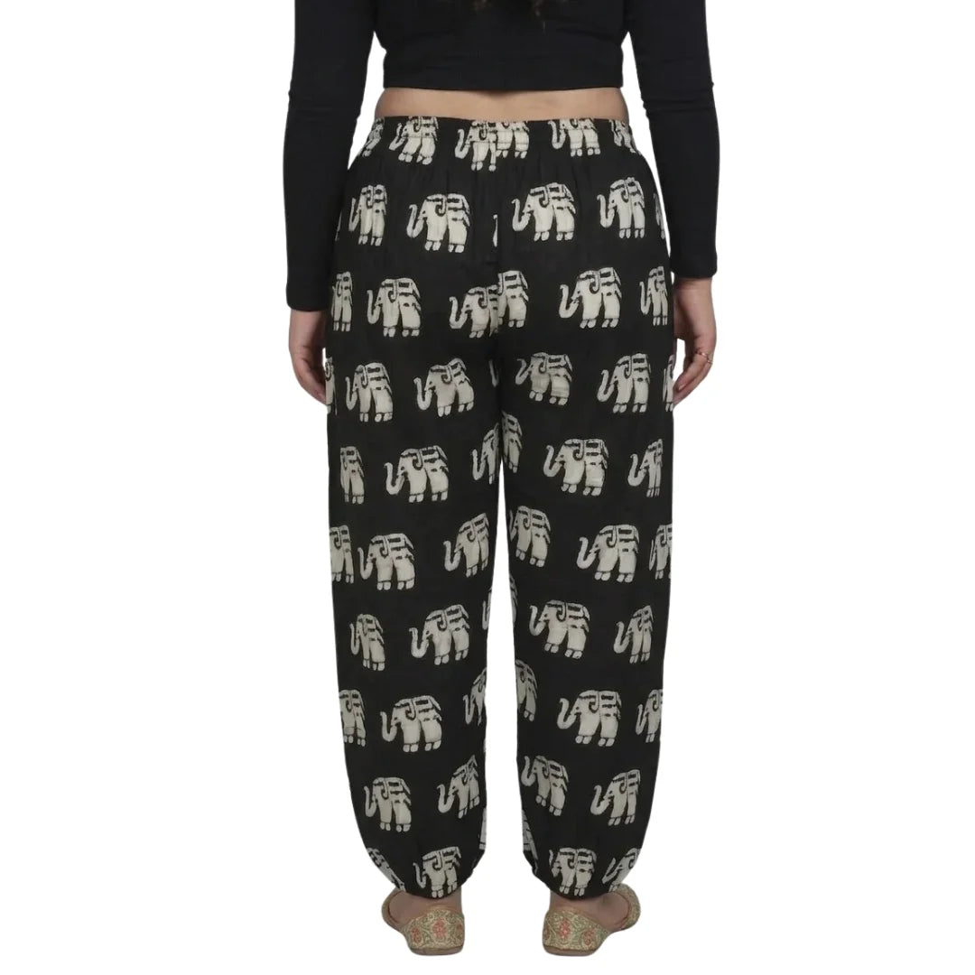 Black Cotton Harem Pants with Elephant Print & Front Thigh Pockets – Relaxed Fit