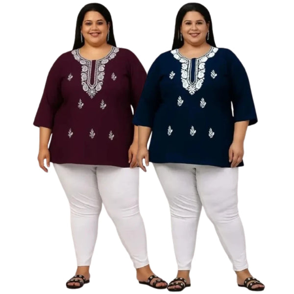 100 Zoo Women's Cotton Kurti with Intricate Embroidery Pack of Two