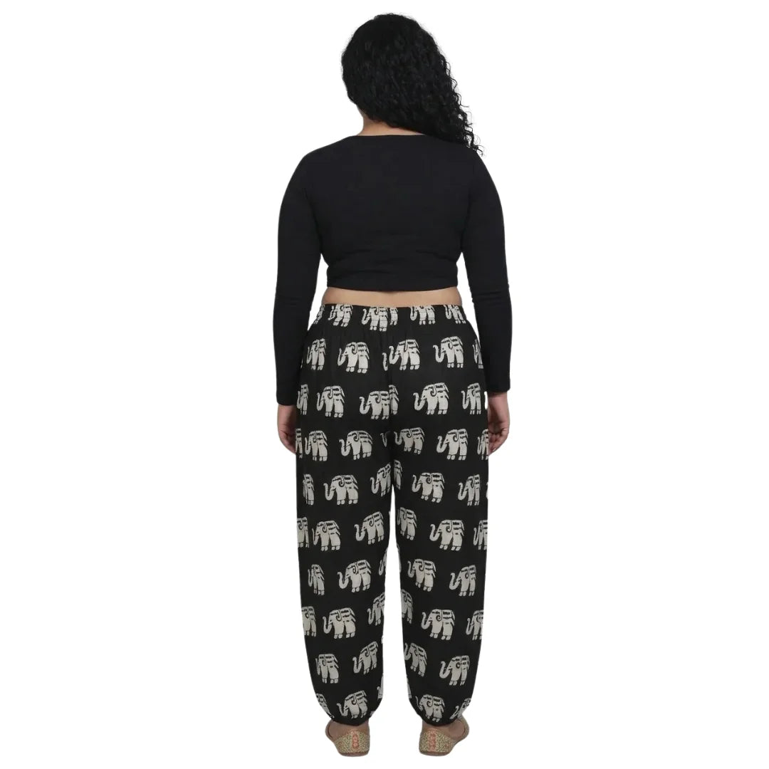Black Cotton Harem Pants with Elephant Print & Front Thigh Pockets – Relaxed Fit