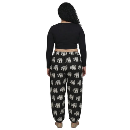 Black Cotton Harem Pants with Elephant Print & Front Thigh Pockets – Relaxed Fit