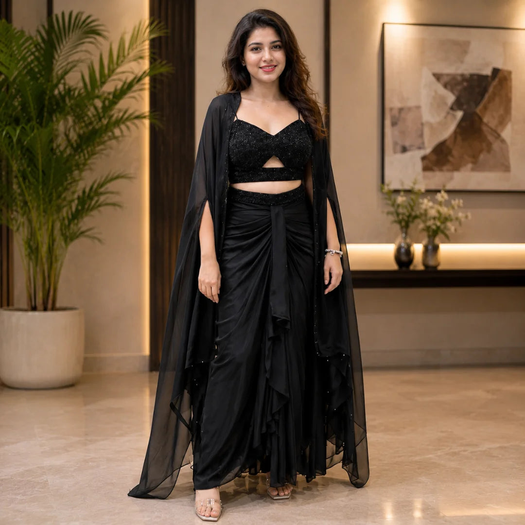 100 ZOO Women’s Georgette Sequin Crop Top Palazzo Set with Dupatta
