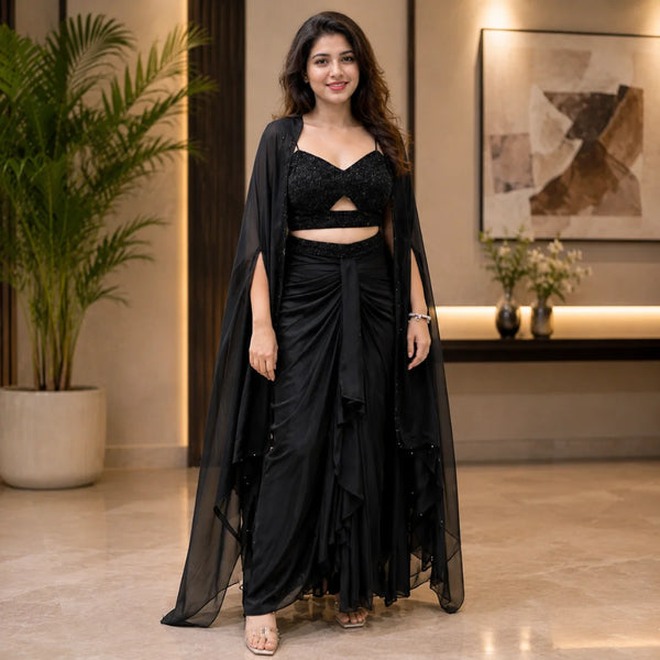 100 ZOO Women’s Georgette Sequin Crop Top Palazzo Set with Dupatta