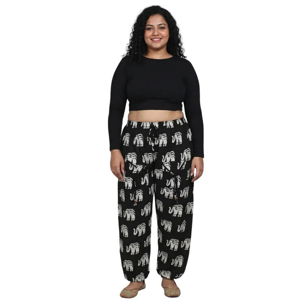 Black Cotton Harem Pants with Elephant Print & Front Thigh Pockets – Relaxed Fit