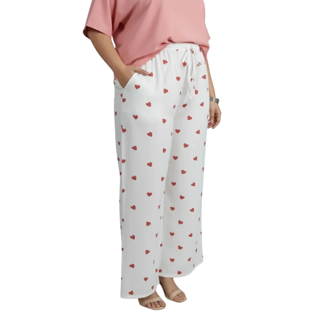 White Rayon Palazzo Pants with Heart Print & Side Pocket – Relaxed Fit