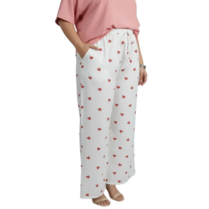 White Rayon Palazzo Pants with Heart Print & Side Pocket – Relaxed Fit
