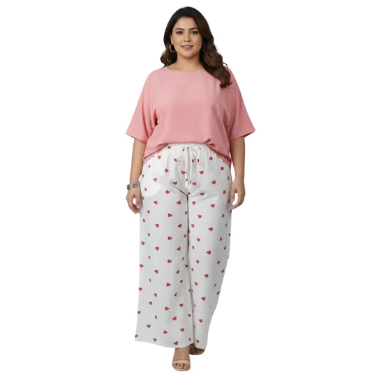 White Rayon Palazzo Pants with Heart Print & Side Pocket – Relaxed Fit