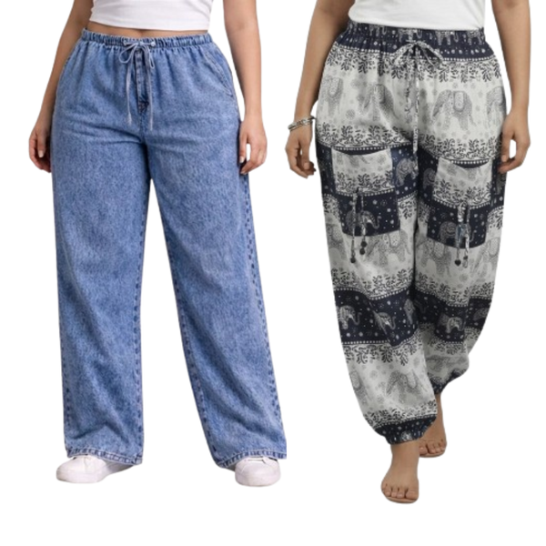 Denim Wide-Leg Jeans & Navy Blue Elephant Print Cotton Harem Pants Combo (Pack of 2)