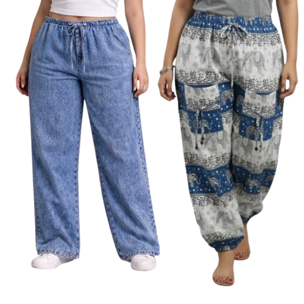 Denim Wide-Leg Jeans & Blue Printed Cotton Harem Pants Combo (Pack of 2)