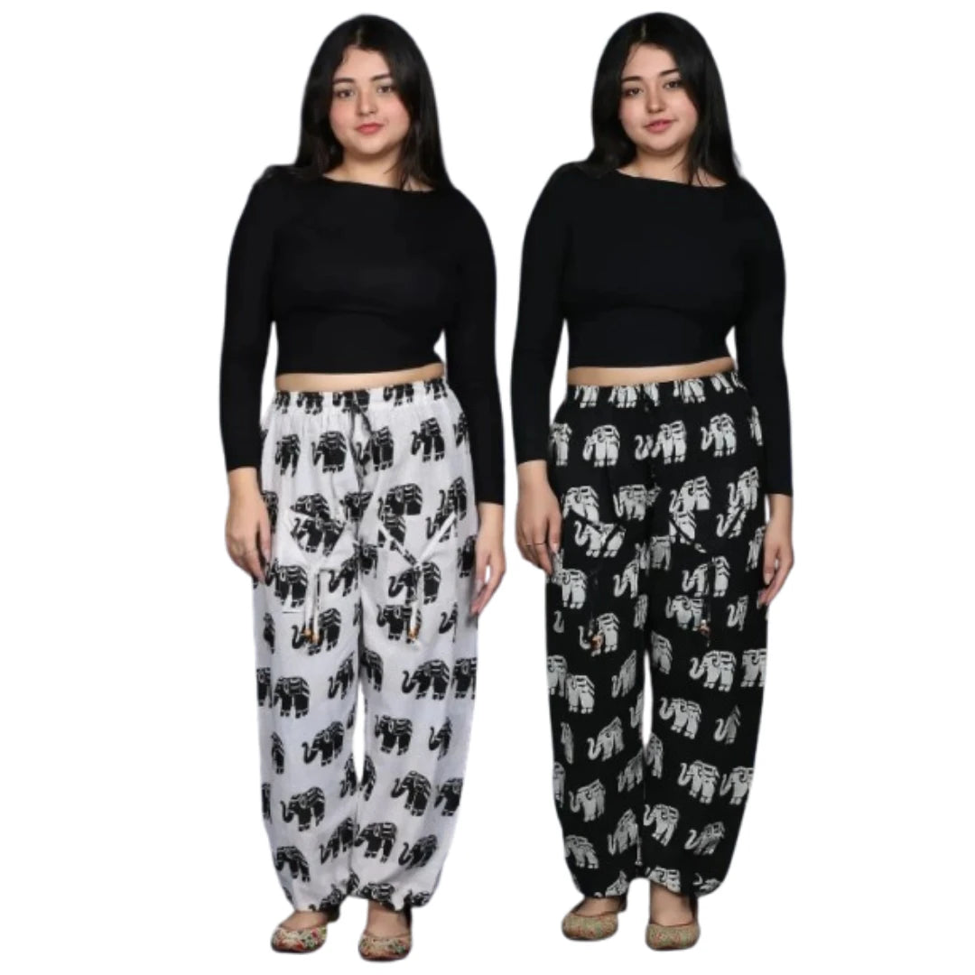 Women’s 100% Pure Cotton Elephant Print Harem Pants – Pack of 2 (Black & White)
