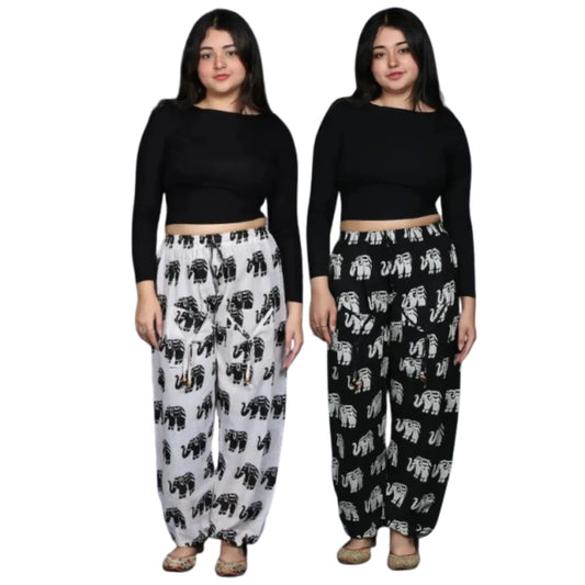 Women’s 100% Pure Cotton Elephant Print Harem Pants – Pack of 2 (Black & White)