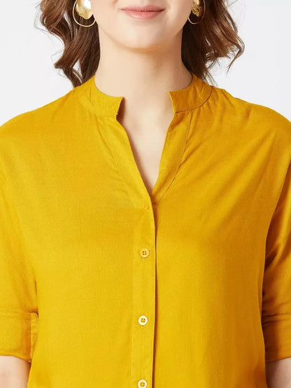 Women’s Rayon Solid Shirt – Mustard Yellow Casual Button-Down Top
