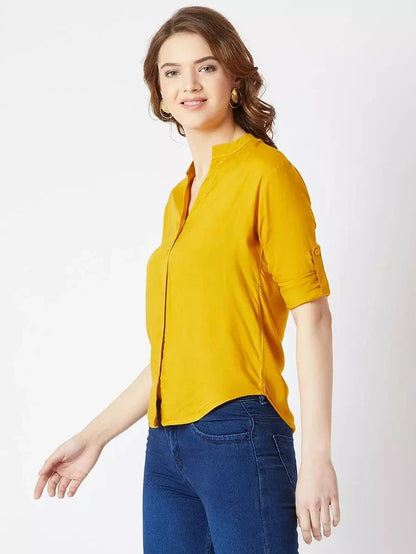 Women’s Rayon Solid Shirt – Mustard Yellow Casual Button-Down Top