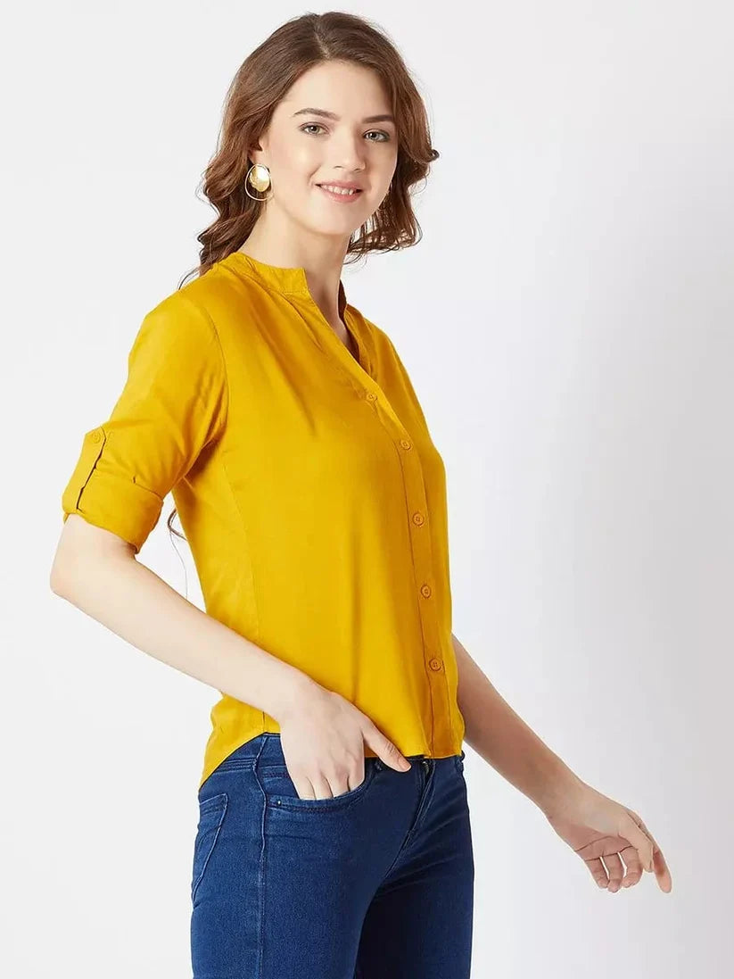 Women’s Rayon Solid Shirt – Mustard Yellow Casual Button-Down Top