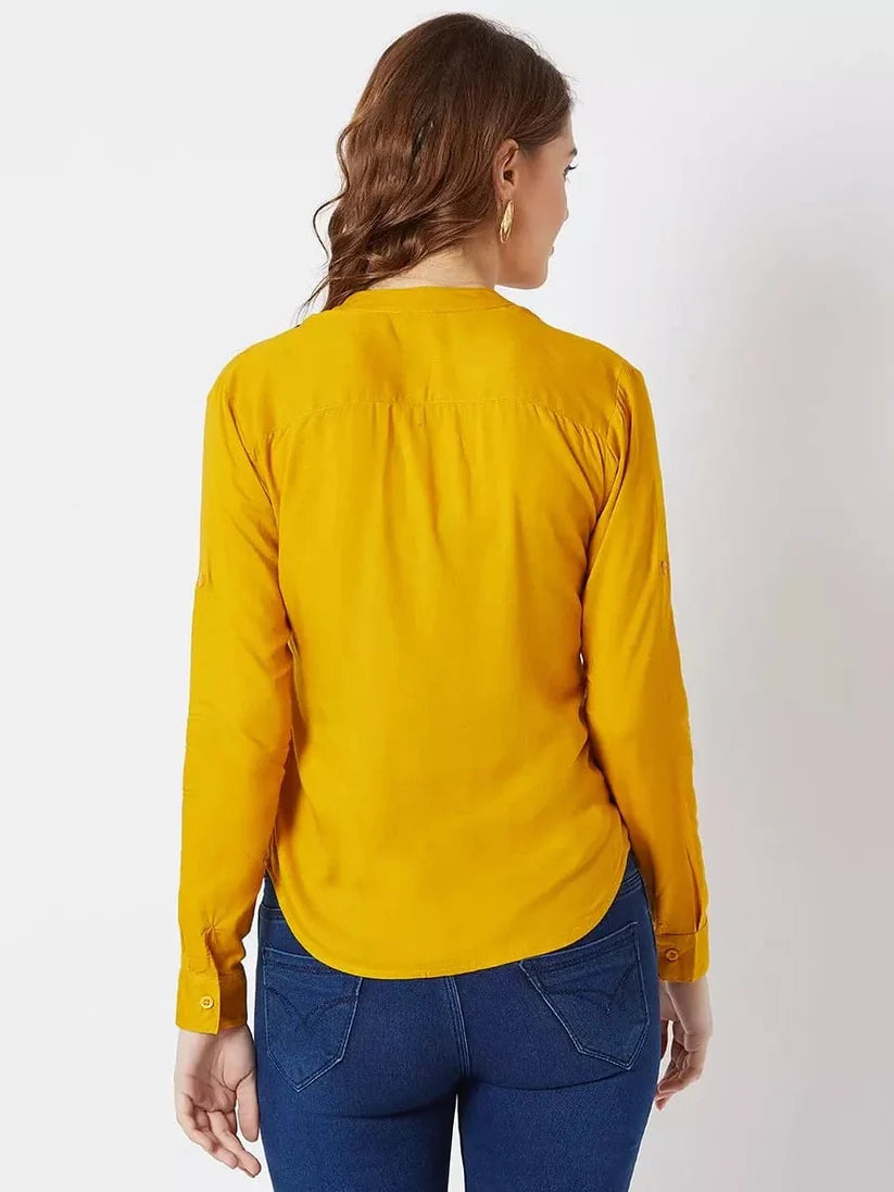 Women’s Rayon Solid Shirt – Mustard Yellow Casual Button-Down Top
