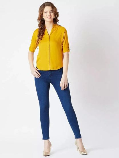 Women’s Rayon Solid Shirt – Mustard Yellow Casual Button-Down Top