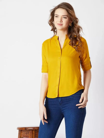 Women’s Rayon Solid Shirt – Mustard Yellow Casual Button-Down Top