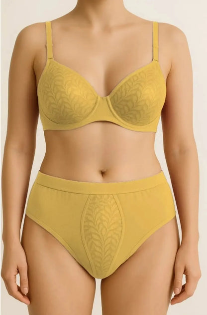 Mustard Yellow Cotton Blend Bra & Panty Set – Soft Comfort Everyday Lingerie