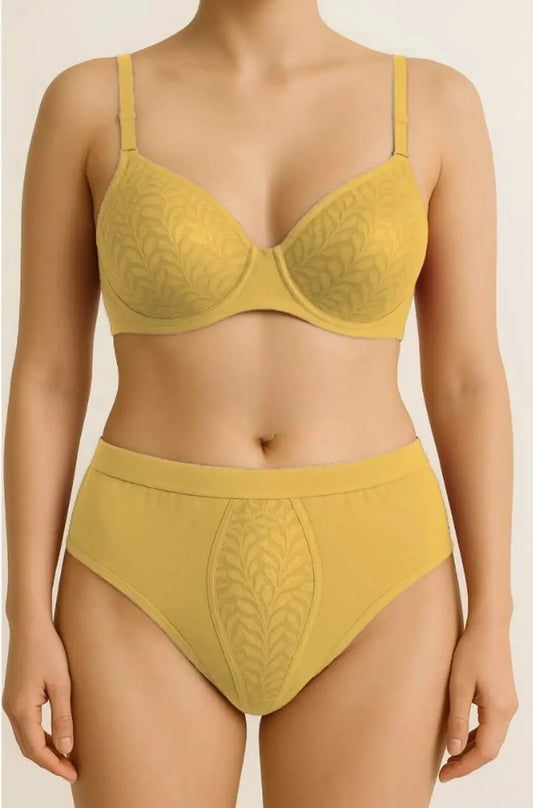 Mustard Yellow Cotton Blend Bra & Panty Set – Soft Comfort Everyday Lingerie