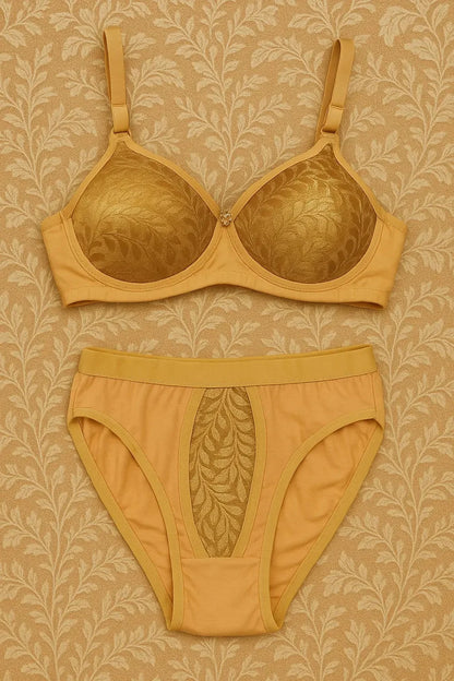 Mustard Yellow Cotton Blend Bra & Panty Set – Soft Comfort Everyday Lingerie