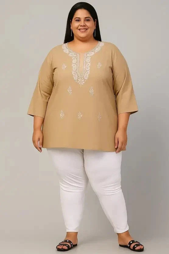 Women’s Cotton Embroidered Straight Top – Beige Printed Elegant Casual Wear