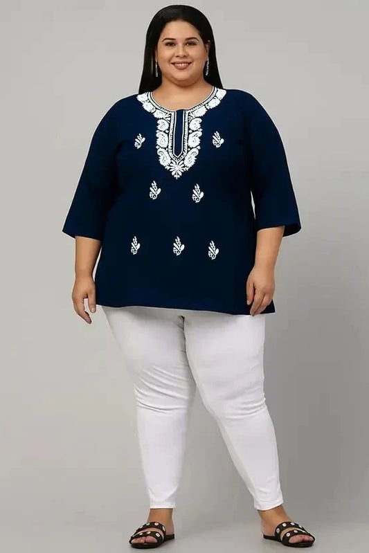 Women’s Cotton Embroidered Straight Top – Navy Blue