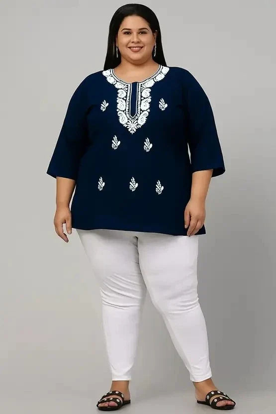 Women’s Cotton Embroidered Straight Top – Navy Blue
