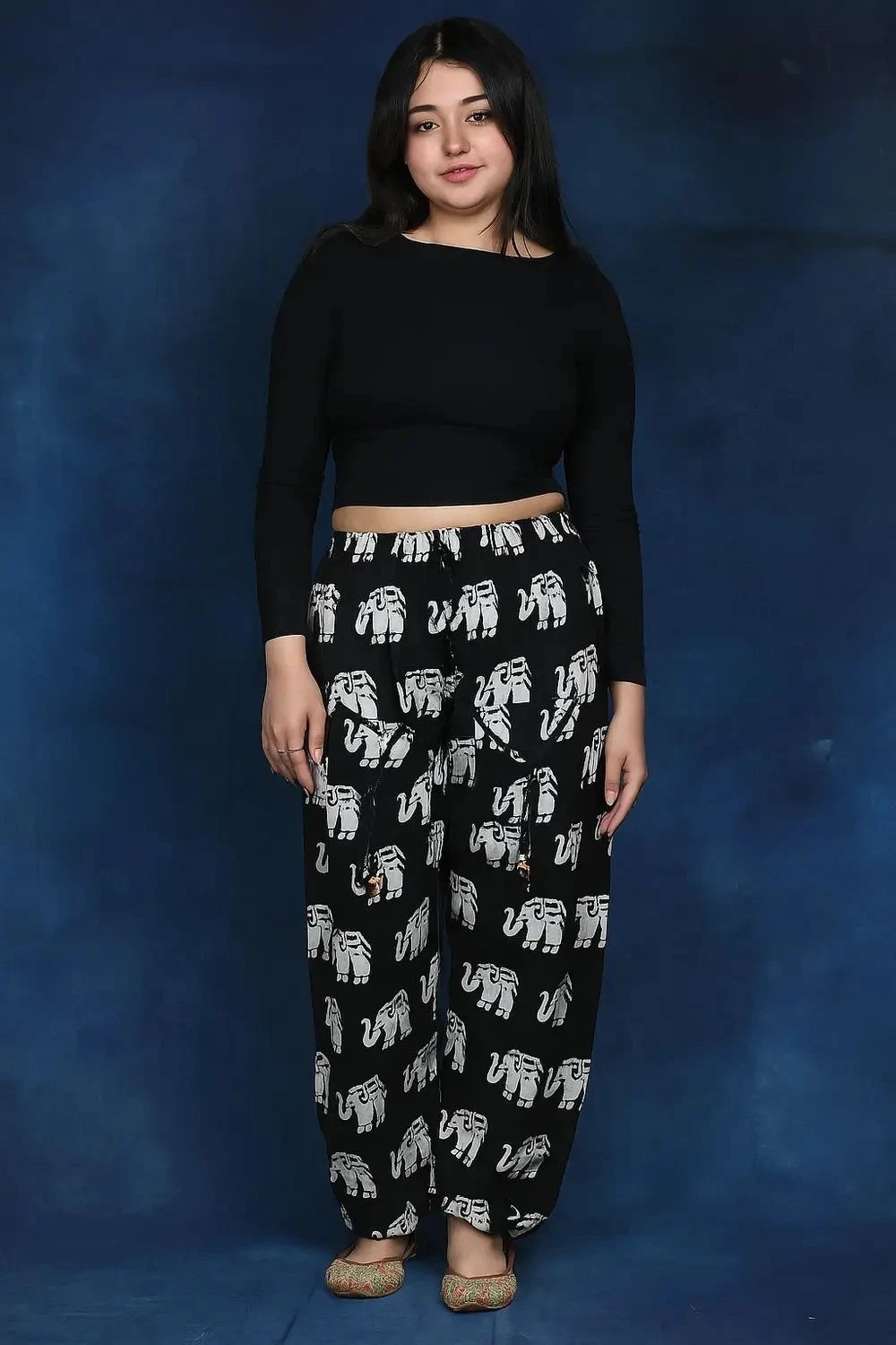 Women’s 100% Pure Cotton Elephant Print Harem Pants – Pack of 2 (Black & White)