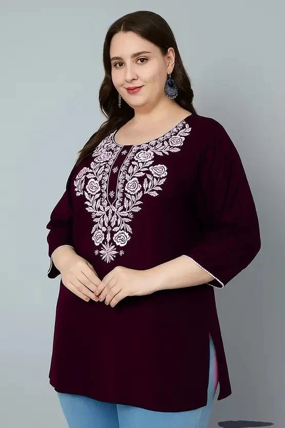 Women’s Cotton Embroidered Straight Top – Maroon Elegant Casual Wear