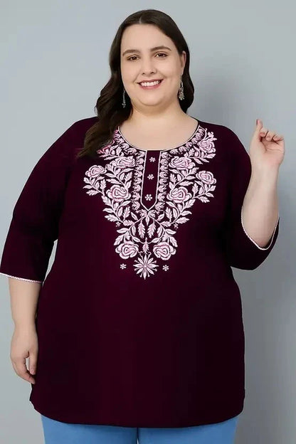 Women’s Cotton Embroidered Straight Top – Maroon Elegant Casual Wear