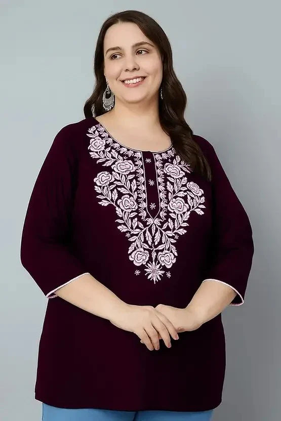 Women’s Cotton Embroidered Straight Top – Maroon Elegant Casual Wear