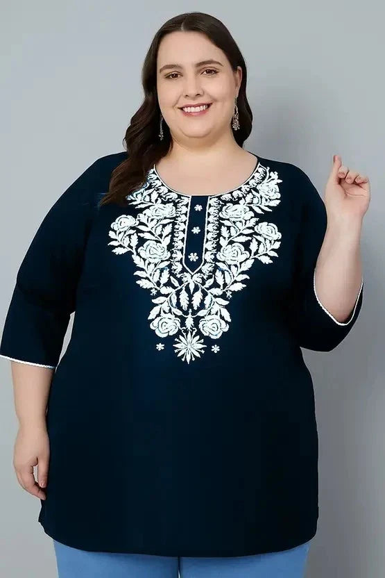 Women’s Cotton Embroidered Straight Top – Navy Blue Elegant Casual Wear