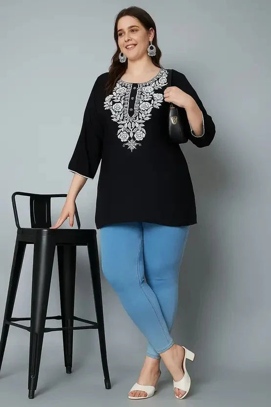Women’s Cotton Embroidered Straight Top – Black Elegant Casual Wear